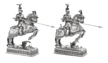 Pair Of German Silver Jousting Knights Table Garnitures by 
																	 Unknown Metalware Maker